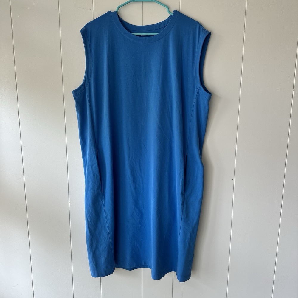 Eileen Fisher Blue Sleeveless Shift Dress Pockets Organic Cotton Blend Large